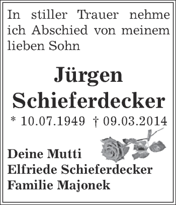Traueranzeige von Jürgen Schieferdecker von Super Sonntag Zeitz