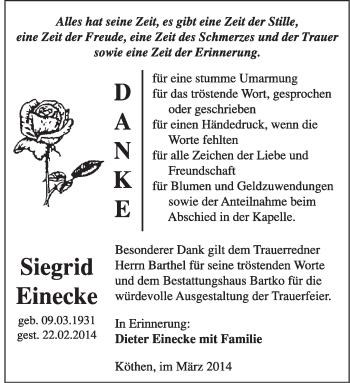 Traueranzeige von Siegrid Einecke von Super Sonntag Dessau / Köthen