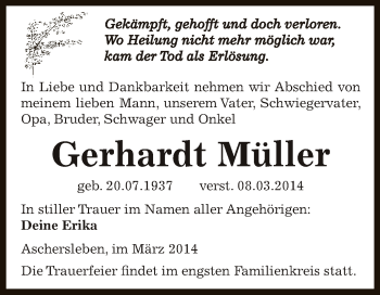 Traueranzeige von Gerhardt Müller von WVG - Wochenspiegel Aschersleben