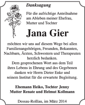 Traueranzeige von Jana Gier von Super Sonntag Dessau / Köthen