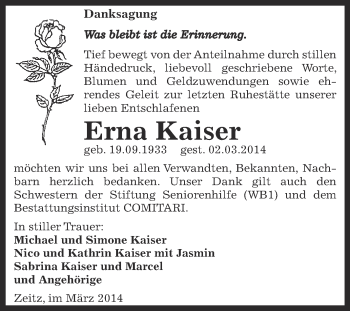Traueranzeige von Erna Kaiser von Super Sonntag Zeitz