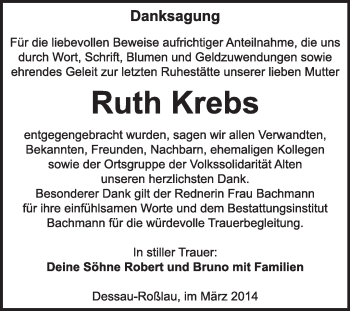 Traueranzeige von Ruth Krebs von Super Sonntag Dessau / Köthen