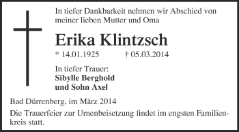 Traueranzeige von Erika Klintzsch von Super Sonntag Merseburg
