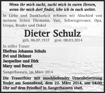 Traueranzeige von Dieter Schulz von Super Sonntag SGH Mansf. Land