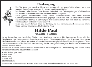 Traueranzeige von Hilde Paul von Super Sonntag Zeitz