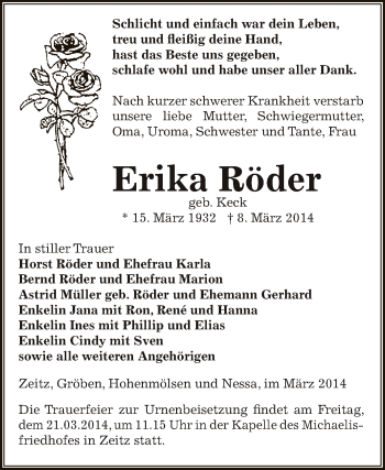 Traueranzeige von Erika Röder von Super Sonntag Zeitz