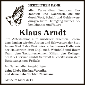 Traueranzeige von Klaus Arndt von Super Sonntag Zeitz
