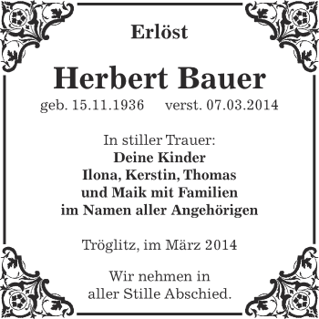 Traueranzeige von Herbert Bauer von Super Sonntag Zeitz