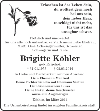 Traueranzeige von Brigitte Köhler von WVG - Wochenspiegel Dessau / Köthen