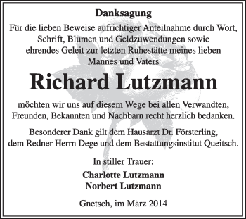 Traueranzeige von Richard Lutzmann von Super Sonntag Dessau / Köthen