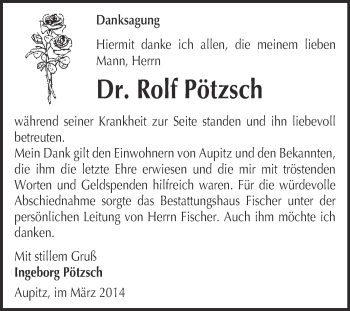 Traueranzeige von Rolf Pötzsch von WVG - Wochenspiegel NMB / WSF / ZTZ