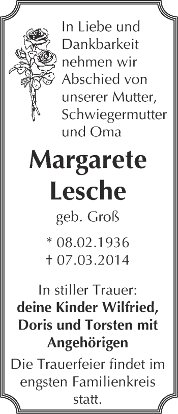 Traueranzeige von Margarete Lesche von WVG - Wochenspiegel NMB / WSF / ZTZ