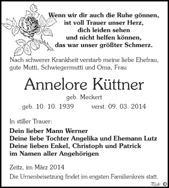 Traueranzeige von Annelore Küttner von Super Sonntag Zeitz