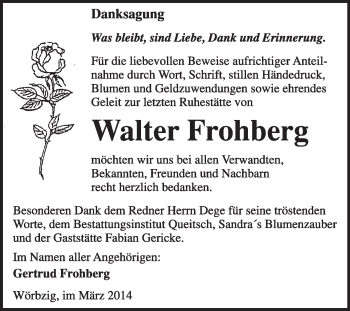 Traueranzeige von Walter Frohberg von Super Sonntag Dessau / Köthen
