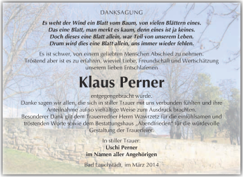 Traueranzeige von Klaus Perner von WVG - Wochenspiegel Merseburg