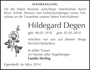 Traueranzeige von Hildegard Degen von WVG - Wochenspiegel Merseburg