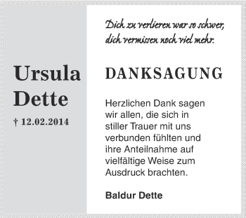 Traueranzeige von Ursula Dette von Super Sonntag Aschersleben