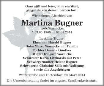Traueranzeige von Martina Bugner von Super Sonntag Zeitz