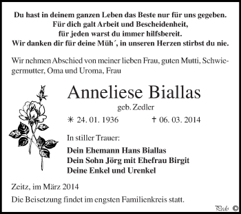 Traueranzeige von Anneliese Biallas von Super Sonntag Zeitz
