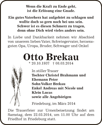 Traueranzeige von Otto Brekau von Super Sonntag SGH Mansf. Land
