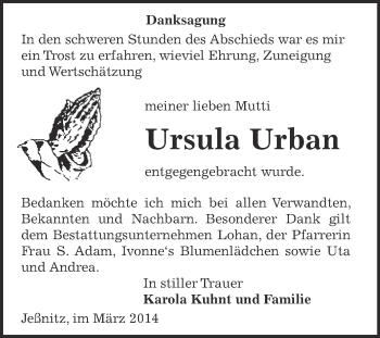 Traueranzeige von Ursula Urban von WVG - Wochenspiegel Bitterfeld