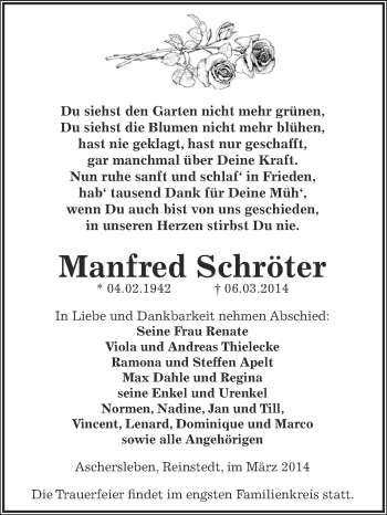 Traueranzeige von Manfred Schröter von Super Sonntag Aschersleben