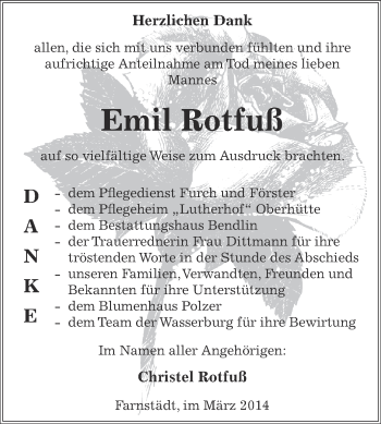 Traueranzeige von Emil Rotfuß von WVG - Wochenspiegel SGH