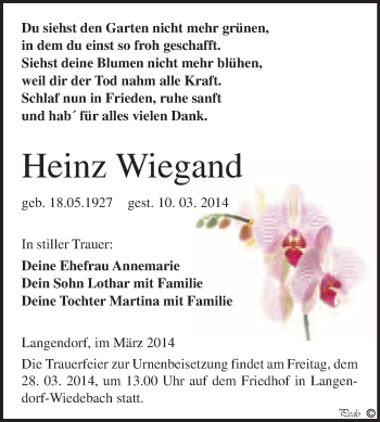 Traueranzeige von Heinz Wiegand von WVG - Wochenspiegel NMB / WSF / ZTZ