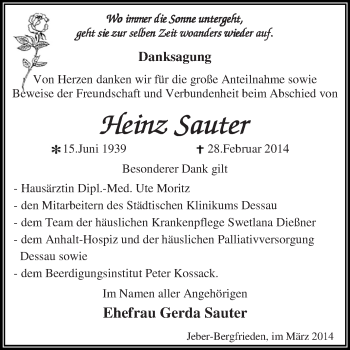 Traueranzeige von Heinz Sauter von WVG - Wochenspiegel Dessau / Köthen