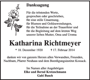 Traueranzeige von Katharina Richtmeyer von Super Sonntag Dessau / Köthen