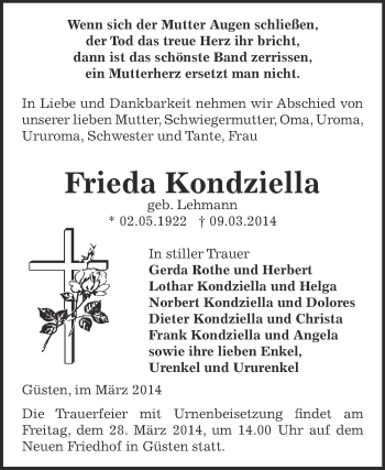 Traueranzeige von Frieda Kondziella von Super Sonntag Bernburg