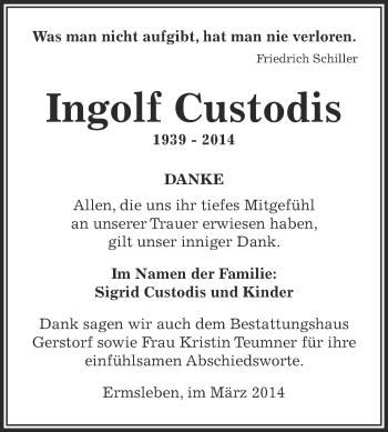 Traueranzeige von Ingolf Custodis von WVG - Wochenspiegel Aschersleben