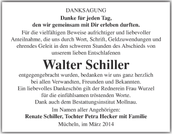 Traueranzeige von Walter Schiller von Super Sonntag Merseburg