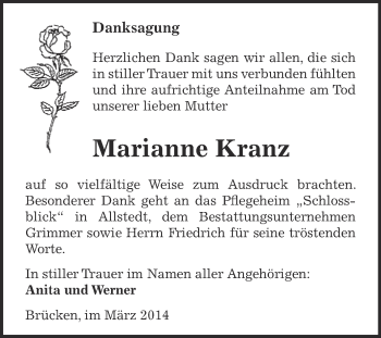 Traueranzeige von Marianne Kranz von Wochenspiegel Mansfelder Land