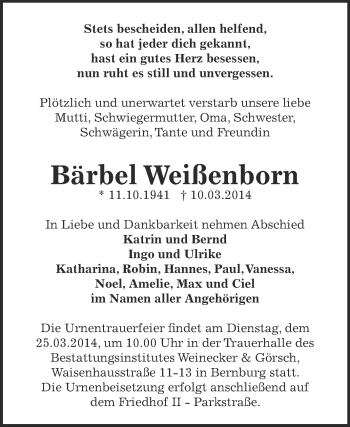 Traueranzeige von Bärbel Weißenborn von Super Sonntag Bernburg