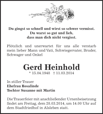Traueranzeige von Gerd Heinhold von Super Sonntag Bernburg
