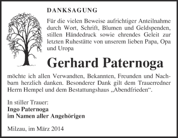 Traueranzeige von Gerhard Paternoga von WVG - Wochenspiegel Merseburg