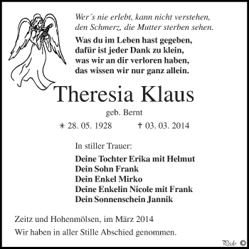 Traueranzeige von Theresia Klaus von Super Sonntag Zeitz
