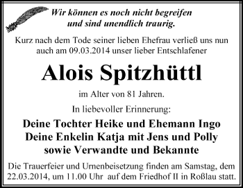 Traueranzeige von Alois Spitzhüttl von Super Sonntag Dessau / Köthen