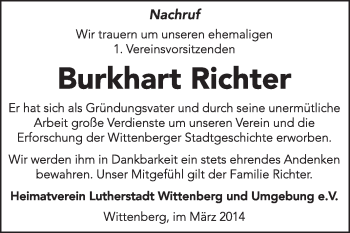 Traueranzeige von Burkhart Richter von Super Sonntag Wittenberg