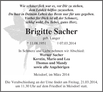 Traueranzeige von Brigitte Sacher von WVG - Wochenspiegel Quedlinburg