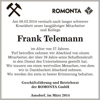 Traueranzeige von Frank Telemann von Super Sonntag SGH Mansf. Land