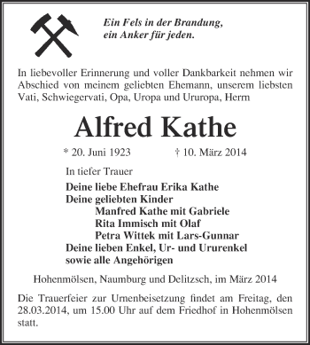 Traueranzeige von Alfred Kathe von WVG - Wochenspiegel NMB / WSF / ZTZ