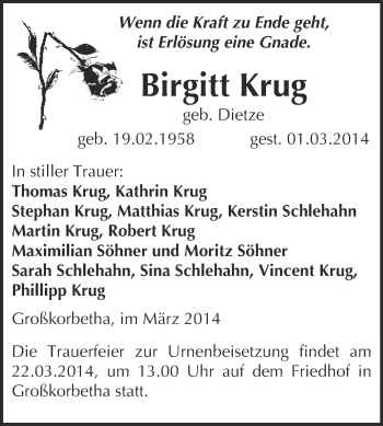 Traueranzeige von Birgitt Krug von WVG - Wochenspiegel NMB / WSF / ZTZ