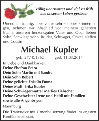 Traueranzeige von Michael Kupler von WVG - Wochenspiegel NMB / WSF / ZTZ