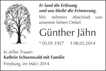 Traueranzeige von Günther Jähn von WVG - Wochenspiegel NMB / WSF / ZTZ