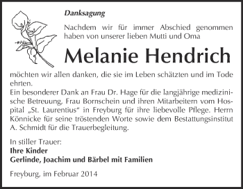 Traueranzeige von Melanie Hendrich von WVG - Wochenspiegel NMB / WSF / ZTZ