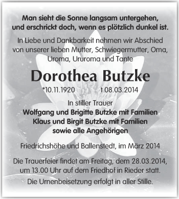 Traueranzeige von Dorothea Butzke von WVG - Wochenspiegel Quedlinburg