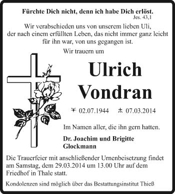 Traueranzeige von Ulrich Vondran von Super Sonntag Quedlinburg