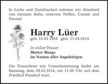 Traueranzeige von Harry Lüer von Super Sonntag Bernburg